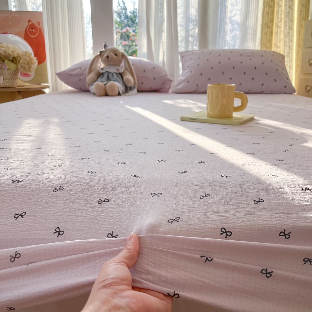 91家纺网 家纺一手货源 找家纺 沐芷 2025 沐芷A类双层纱床笠单件/床笠三件套  床笠款床罩床垫保护套罩 小紫情调