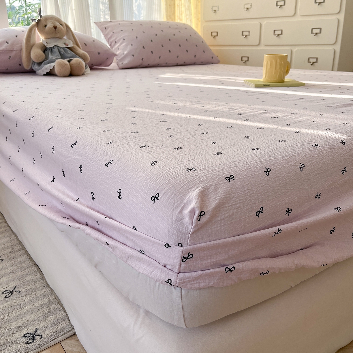 91家纺网 家纺一手货源 找家纺 沐芷 2025 沐芷A类双层纱床笠单件/床笠三件套  床笠款床罩床垫保护套罩 小紫情调