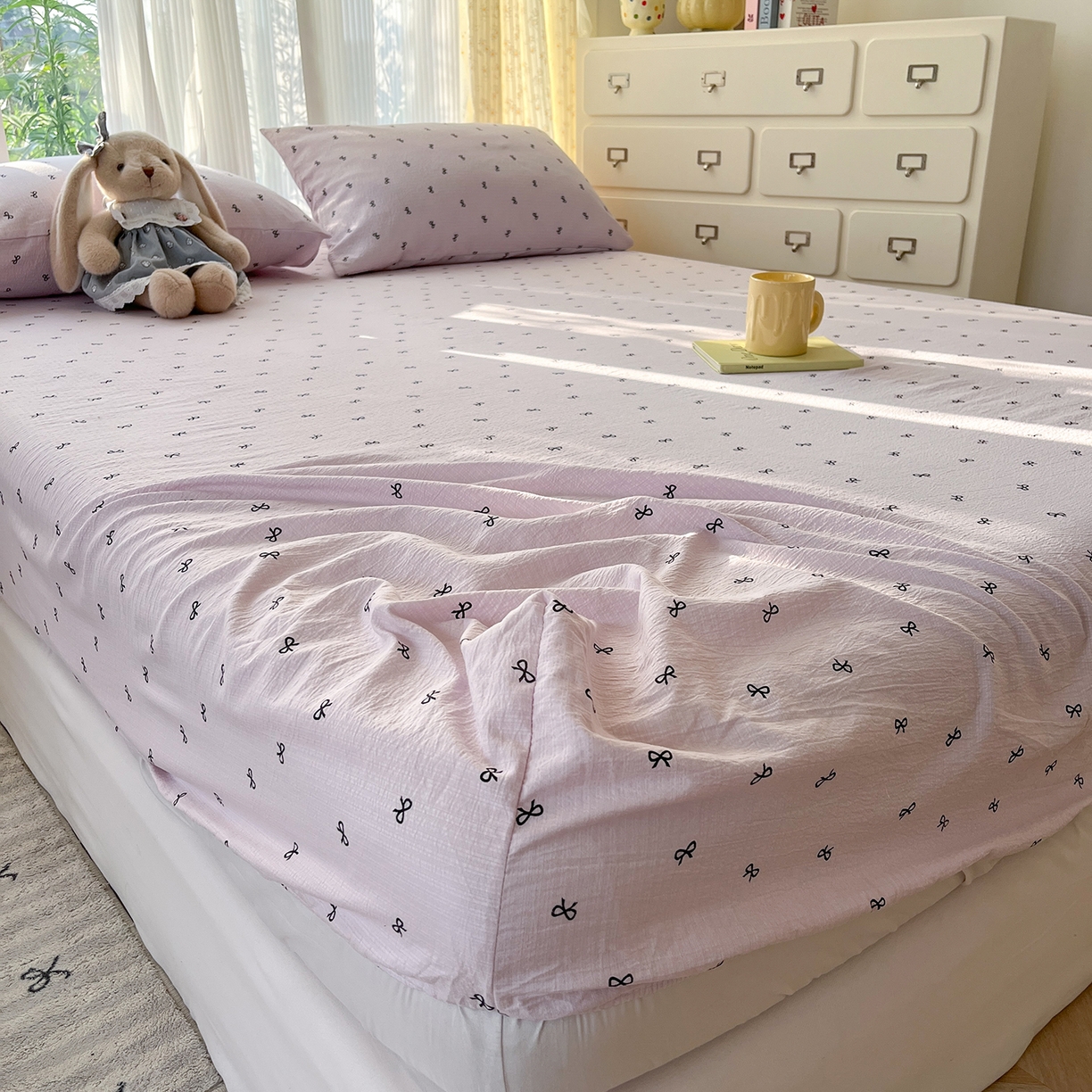 91家纺网 家纺一手货源 找家纺 沐芷 2025 沐芷A类双层纱床笠单件/床笠三件套  床笠款床罩床垫保护套罩 小紫情调