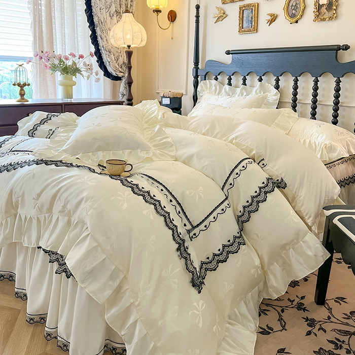 网红馆（ck家纺）2025新款提花蕾丝边床裙四件套-相思蝶 相思蝶-米