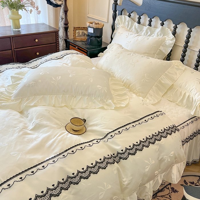 91家纺网 家纺一手货源 找家纺 网红馆（ck家纺）2025新款提花蕾丝边床裙四件套-相思蝶 相思蝶-米