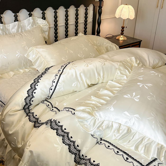 91家纺网 家纺一手货源 找家纺 网红馆（ck家纺）2025新款提花蕾丝边床裙四件套-相思蝶 相思蝶-米