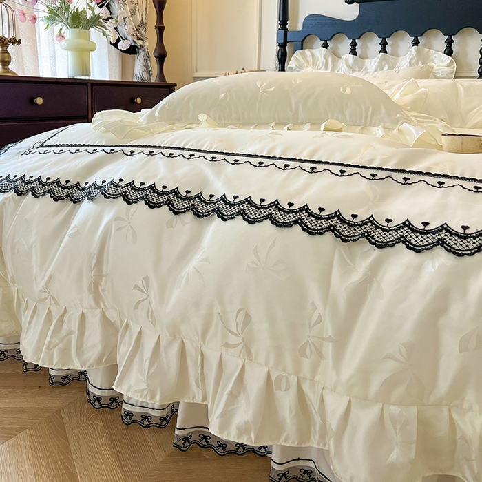 91家纺网 家纺一手货源 找家纺 网红馆（ck家纺）2025新款提花蕾丝边床裙四件套-相思蝶 相思蝶-米