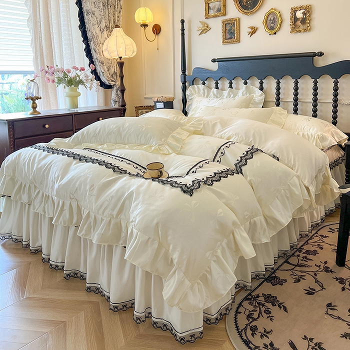 91家纺网 家纺一手货源 找家纺 网红馆（ck家纺）2025新款提花蕾丝边床裙四件套-相思蝶 相思蝶-米