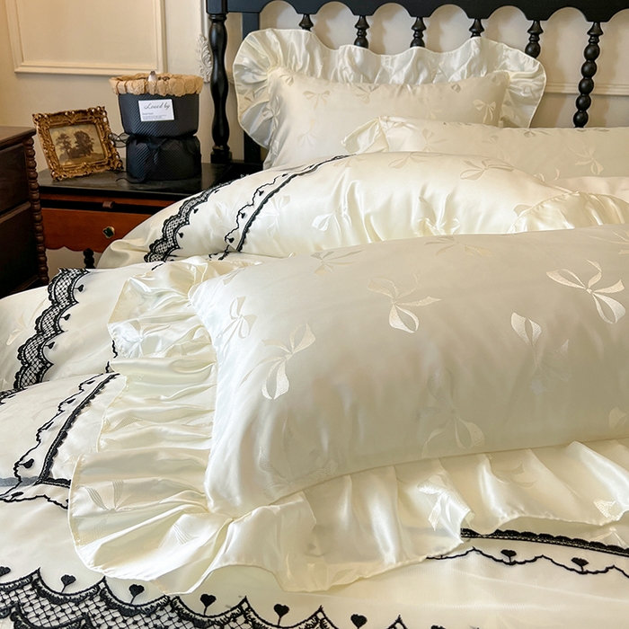 91家纺网 家纺一手货源 找家纺 网红馆（ck家纺）2025新款提花蕾丝边床裙四件套-相思蝶 相思蝶-米