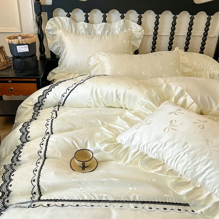 91家纺网 家纺一手货源 找家纺 网红馆（ck家纺）2025新款提花蕾丝边床裙四件套-相思蝶 相思蝶-米