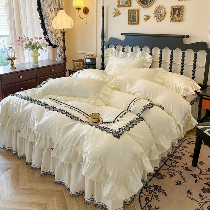 91家纺网 家纺一手货源 找家纺 网红馆（ck家纺）2025新款提花蕾丝边床裙四件套-相思蝶 相思蝶-米