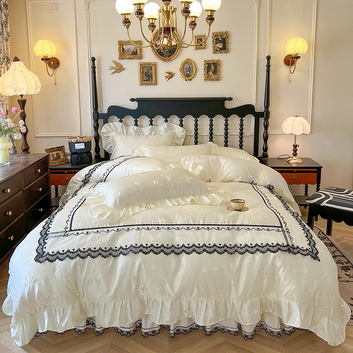 91家纺网 家纺一手货源 找家纺 网红馆（ck家纺）2025新款提花蕾丝边床裙四件套-相思蝶 相思蝶-米