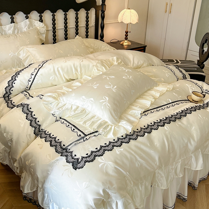 91家纺网 家纺一手货源 找家纺 网红馆（ck家纺）2025新款提花蕾丝边床裙四件套-相思蝶 相思蝶-米