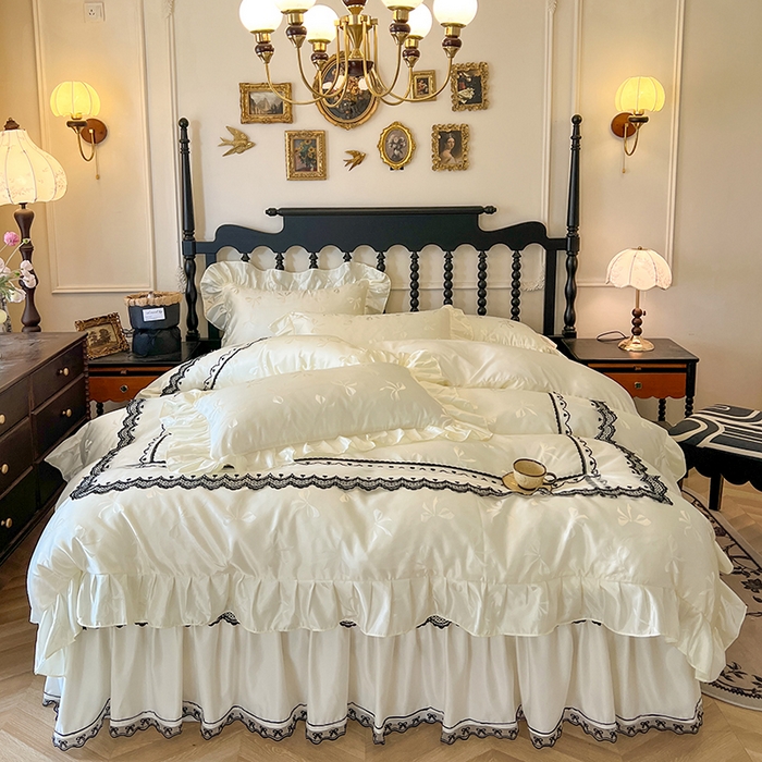 91家纺网 家纺一手货源 找家纺 网红馆（ck家纺）2025新款提花蕾丝边床裙四件套-相思蝶 相思蝶-米