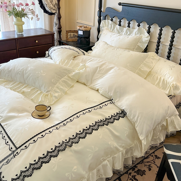 91家纺网 家纺一手货源 找家纺 网红馆（ck家纺）2025新款提花蕾丝边床裙四件套-相思蝶 相思蝶-米