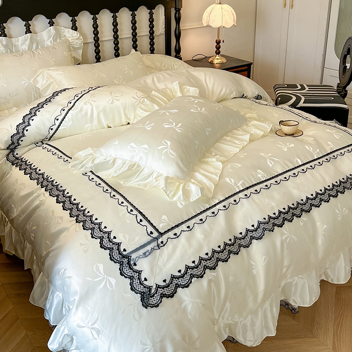 91家纺网 家纺一手货源 找家纺 网红馆（ck家纺）2025新款提花蕾丝边床裙四件套-相思蝶 相思蝶-米