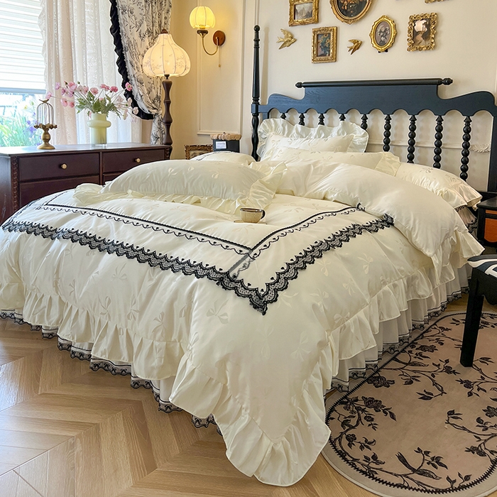 91家纺网 家纺一手货源 找家纺 网红馆（ck家纺）2025新款提花蕾丝边床裙四件套-相思蝶 相思蝶-米