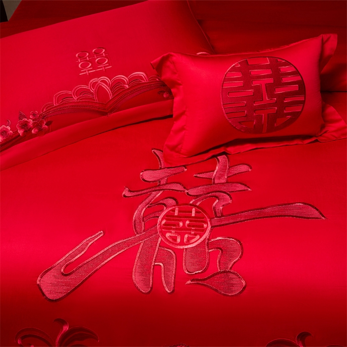 91家纺网 家纺一手货源 找家纺 宏羽纺家纺 2025新款全棉100%全棉新中式婚庆多件套全棉甜蜜之恋-红