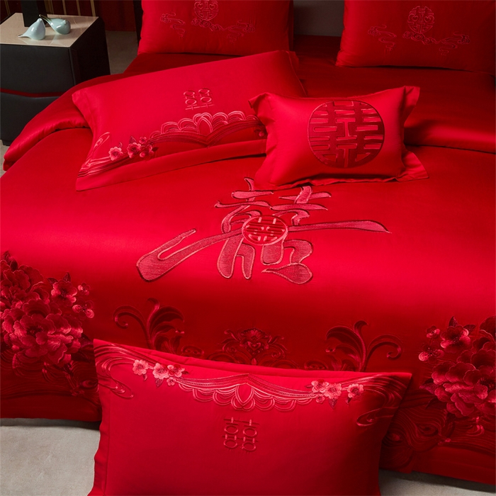 91家纺网 家纺一手货源 找家纺 宏羽纺家纺 2025新款全棉100%全棉新中式婚庆多件套全棉甜蜜之恋-红