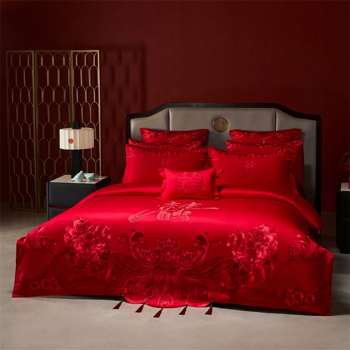 91家纺网 家纺一手货源 找家纺 宏羽纺家纺 2025新款全棉100%全棉新中式婚庆多件套全棉甜蜜之恋-红