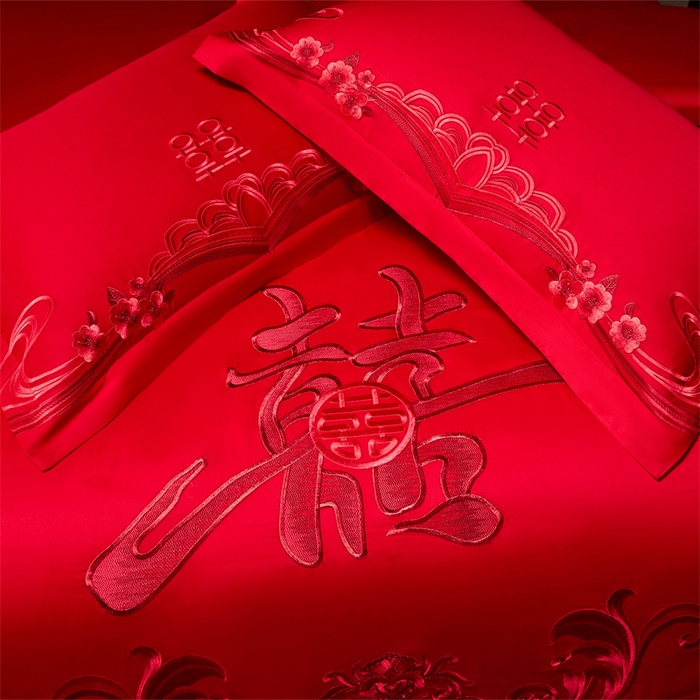 91家纺网 家纺一手货源 找家纺 宏羽纺家纺 2025新款全棉100%全棉新中式婚庆多件套全棉甜蜜之恋-红