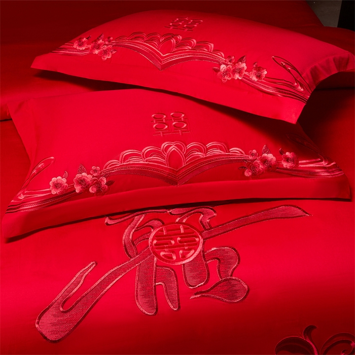 91家纺网 家纺一手货源 找家纺 宏羽纺家纺 2025新款全棉100%全棉新中式婚庆多件套全棉甜蜜之恋-红