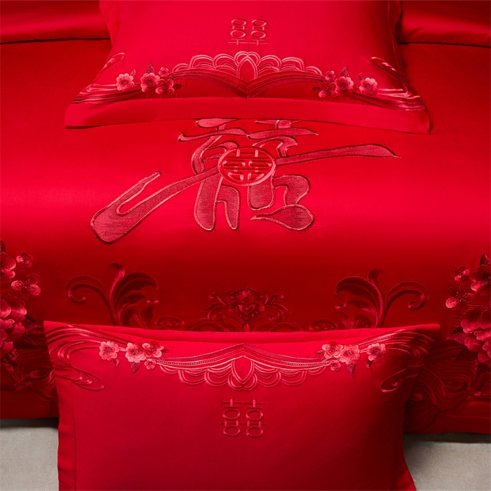 91家纺网 家纺一手货源 找家纺 宏羽纺家纺 2025新款全棉100%全棉新中式婚庆多件套全棉甜蜜之恋-红