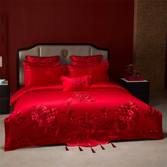 91家纺网 家纺一手货源 找家纺 宏羽纺家纺 2025新款全棉100%全棉新中式婚庆多件套全棉甜蜜之恋-红