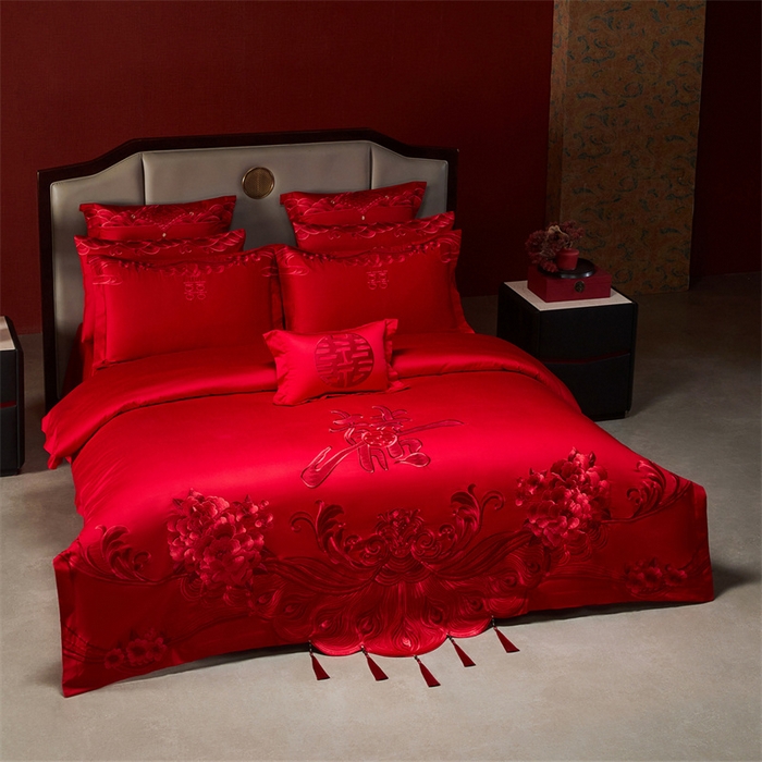 91家纺网 家纺一手货源 找家纺 宏羽纺家纺 2025新款全棉100%全棉新中式婚庆多件套全棉甜蜜之恋-红
