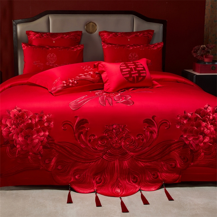 91家纺网 家纺一手货源 找家纺 宏羽纺家纺 2025新款全棉100%全棉新中式婚庆多件套全棉甜蜜之恋-红
