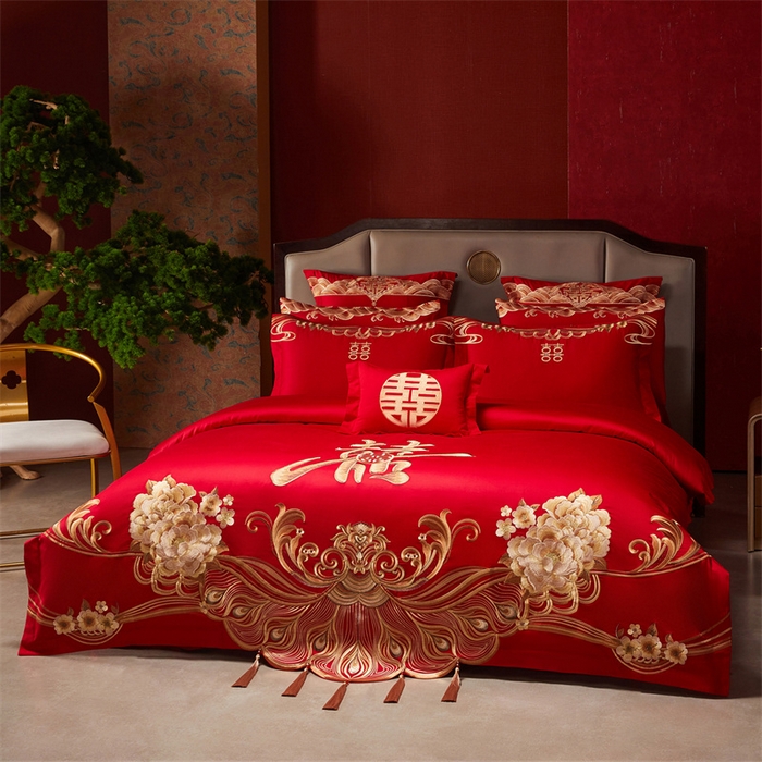 91家纺网 家纺一手货源 找家纺 宏羽纺家纺 2025新款全棉100%全棉新中式婚庆多件套全棉甜蜜之恋-金