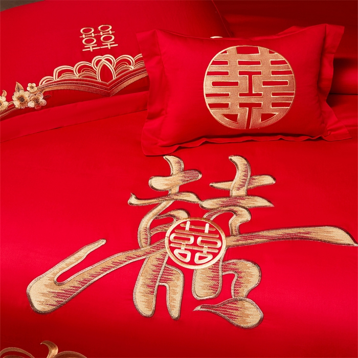 91家纺网 家纺一手货源 找家纺 宏羽纺家纺 2025新款全棉100%全棉新中式婚庆多件套全棉甜蜜之恋-金