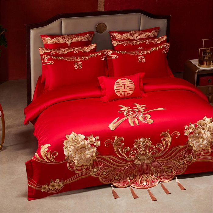 91家纺网 家纺一手货源 找家纺 宏羽纺家纺 2025新款全棉100%全棉新中式婚庆多件套全棉甜蜜之恋-金