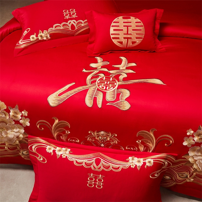 91家纺网 家纺一手货源 找家纺 宏羽纺家纺 2025新款全棉100%全棉新中式婚庆多件套全棉甜蜜之恋-金