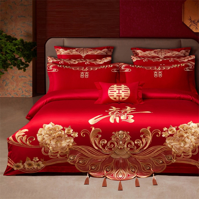 91家纺网 家纺一手货源 找家纺 宏羽纺家纺 2025新款全棉100%全棉新中式婚庆多件套全棉甜蜜之恋-金