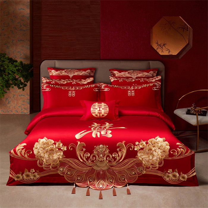 宏羽纺家纺 2025新款全棉100%全棉新中式婚庆多件套全棉甜蜜之恋-金