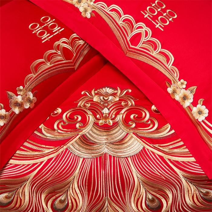 91家纺网 家纺一手货源 找家纺 宏羽纺家纺 2025新款全棉100%全棉新中式婚庆多件套全棉甜蜜之恋-金