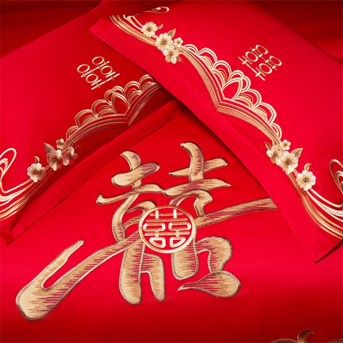 91家纺网 家纺一手货源 找家纺 宏羽纺家纺 2025新款全棉100%全棉新中式婚庆多件套全棉甜蜜之恋-金