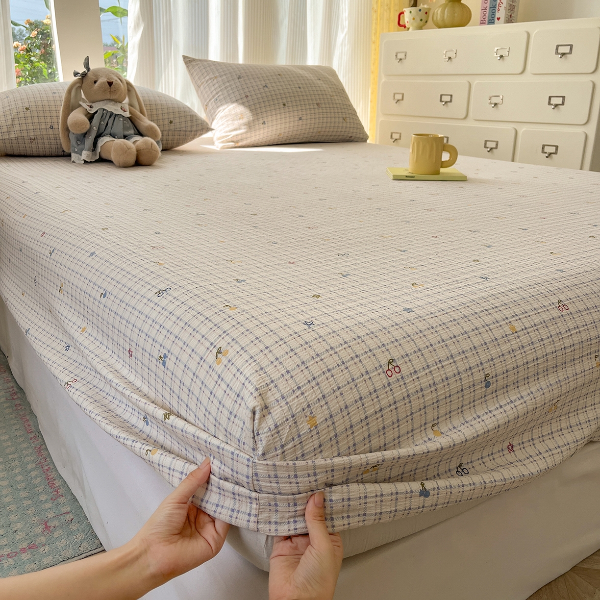 91家纺网 家纺一手货源 找家纺 沐芷 2025 沐芷A类双层纱床笠单件/床笠三件套  床笠款床罩床垫保护套罩 郁见