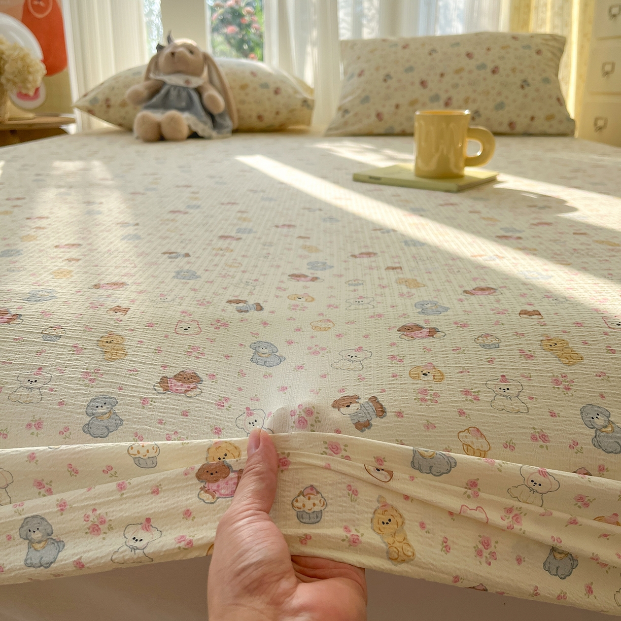 91家纺网 家纺一手货源 找家纺 沐芷 2025 沐芷A类双层纱床笠单件/床笠三件套  床笠款床罩床垫保护套罩 狗狗派对