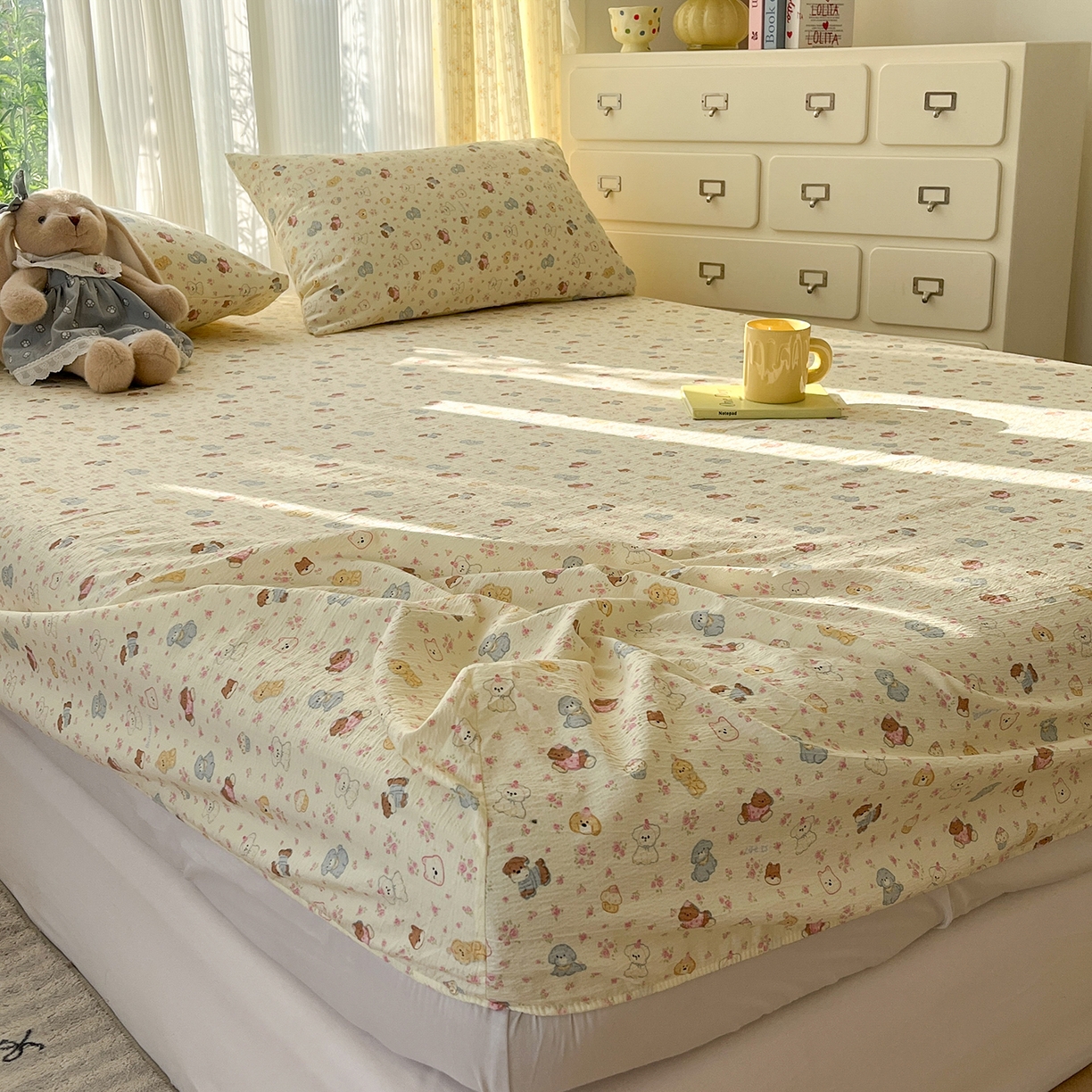 91家纺网 家纺一手货源 找家纺 沐芷 2025 沐芷A类双层纱床笠单件/床笠三件套  床笠款床罩床垫保护套罩 狗狗派对