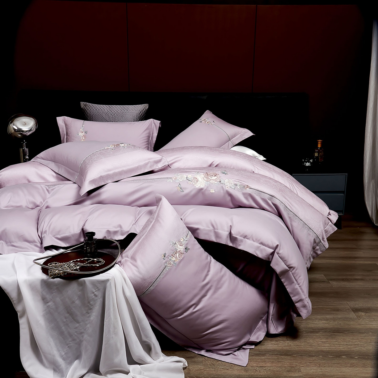 U品汇 2025新款60S双股120支贡缎长绒棉提花纯棉全棉刺绣花四件套高端礼盒工艺款-夕颜 夕颜-浪漫紫