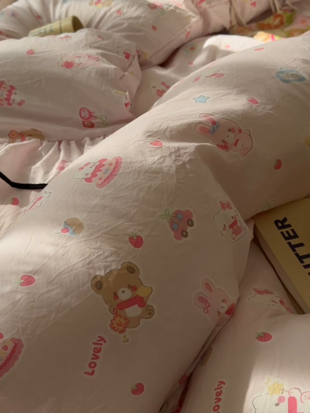 91家纺网 家纺一手货源 找家纺 韩巢家纺 2025新款水洗棉大花边被套四件套直播热销款学生宿舍被罩床单三件套（提供卖家秀） 软糖猫【大花边款】