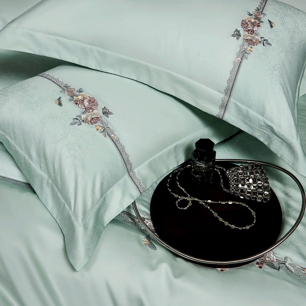 91家纺网 家纺一手货源 找家纺 U品汇 2025新款60S双股120支贡缎长绒棉提花纯棉全棉刺绣花四件套高端礼盒工艺款-夕颜 夕颜-浅石兰