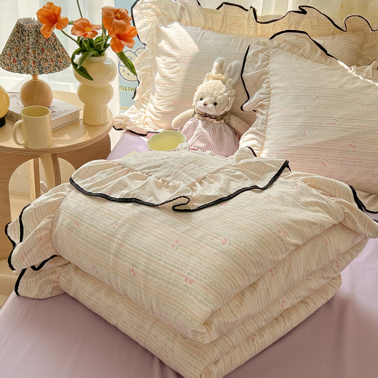 韩巢家纺 2025新款水洗棉大花边被套四件套直播热销款学生宿舍被罩床单三件套（提供卖家秀） 甜樱恋曲【大花边款】