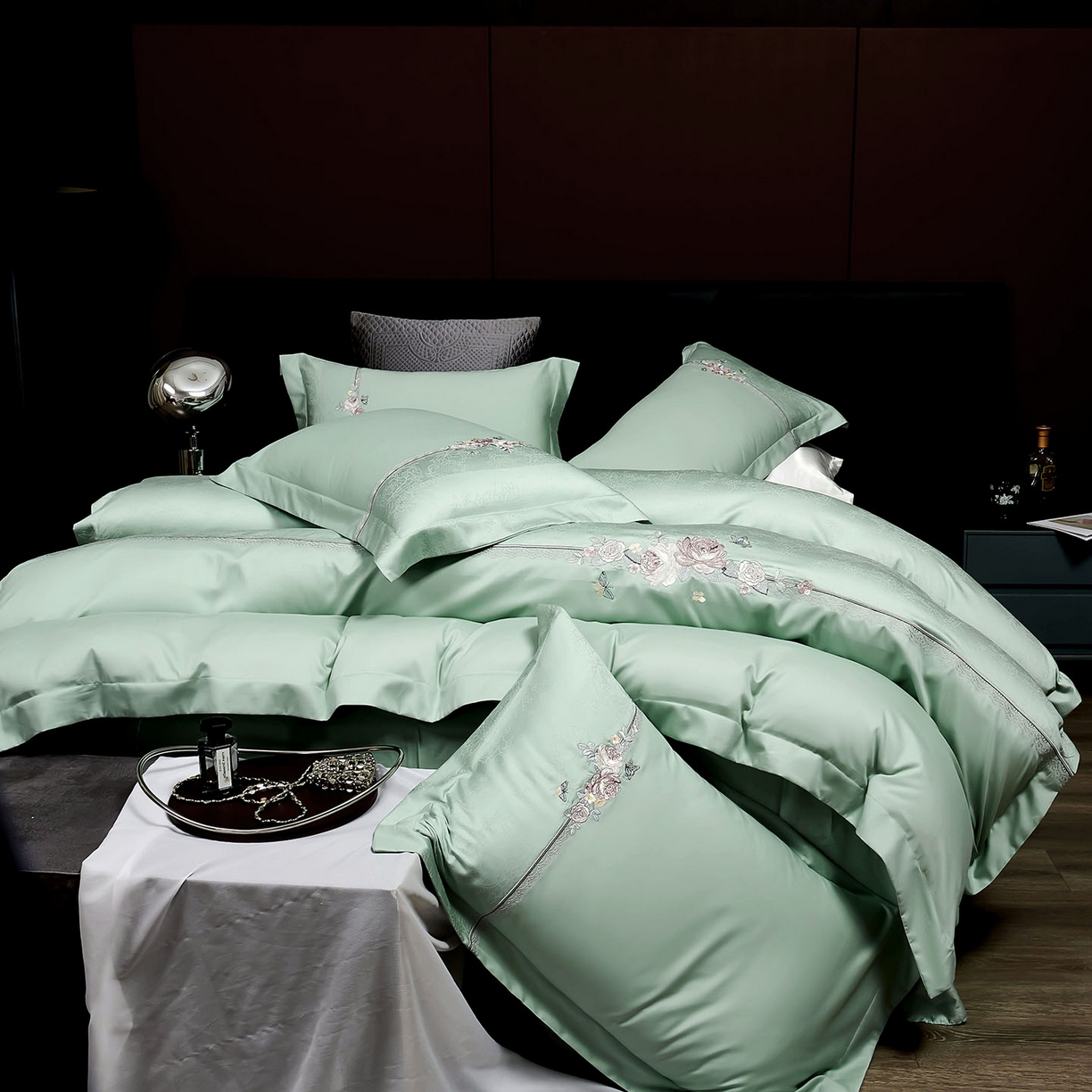 U品汇 2025新款60S双股120支贡缎长绒棉提花纯棉全棉刺绣花四件套高端礼盒工艺款-夕颜 夕颜-松树绿