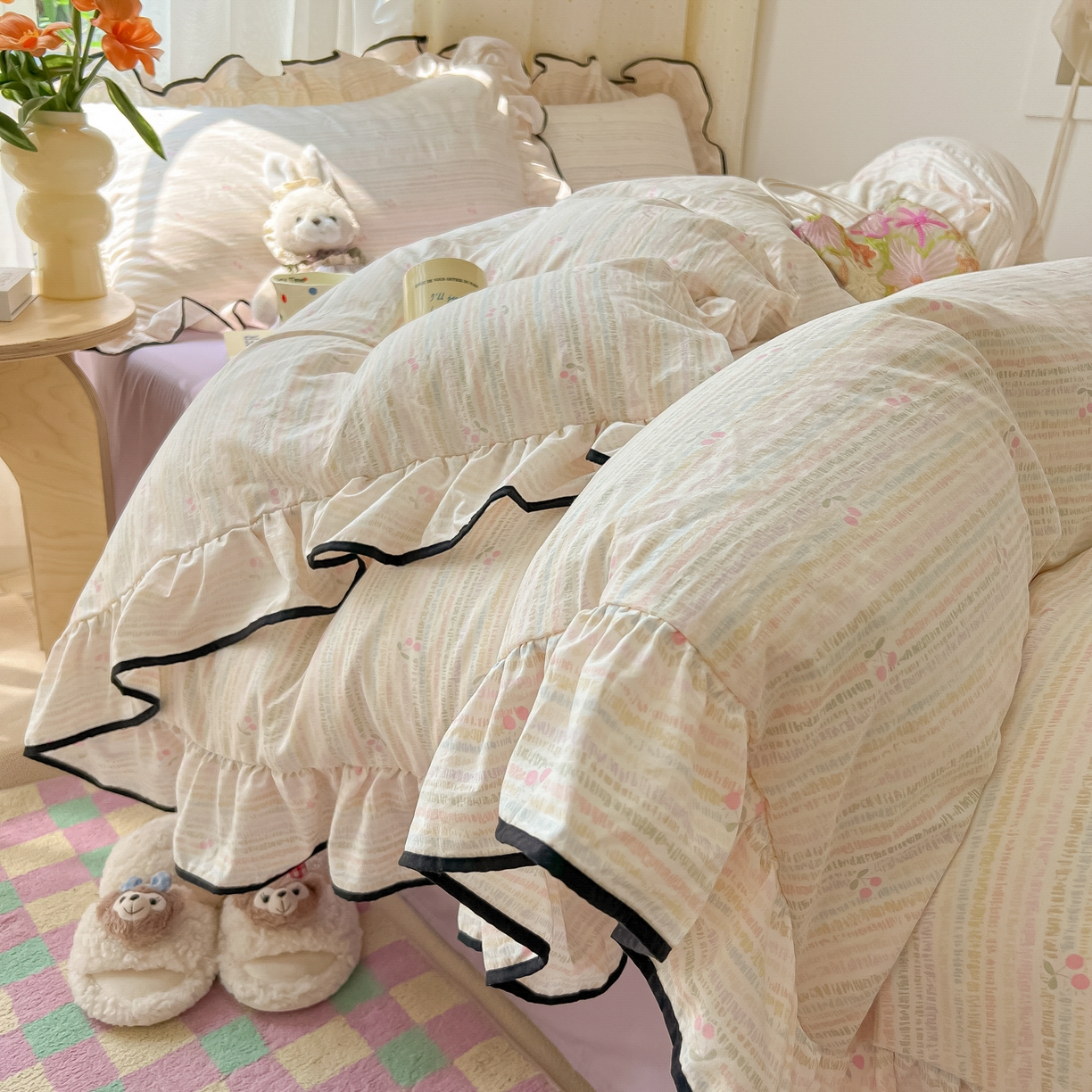 91家纺网 家纺一手货源 找家纺 韩巢家纺 2025新款水洗棉大花边被套四件套直播热销款学生宿舍被罩床单三件套（提供卖家秀） 甜樱恋曲【大花边款】