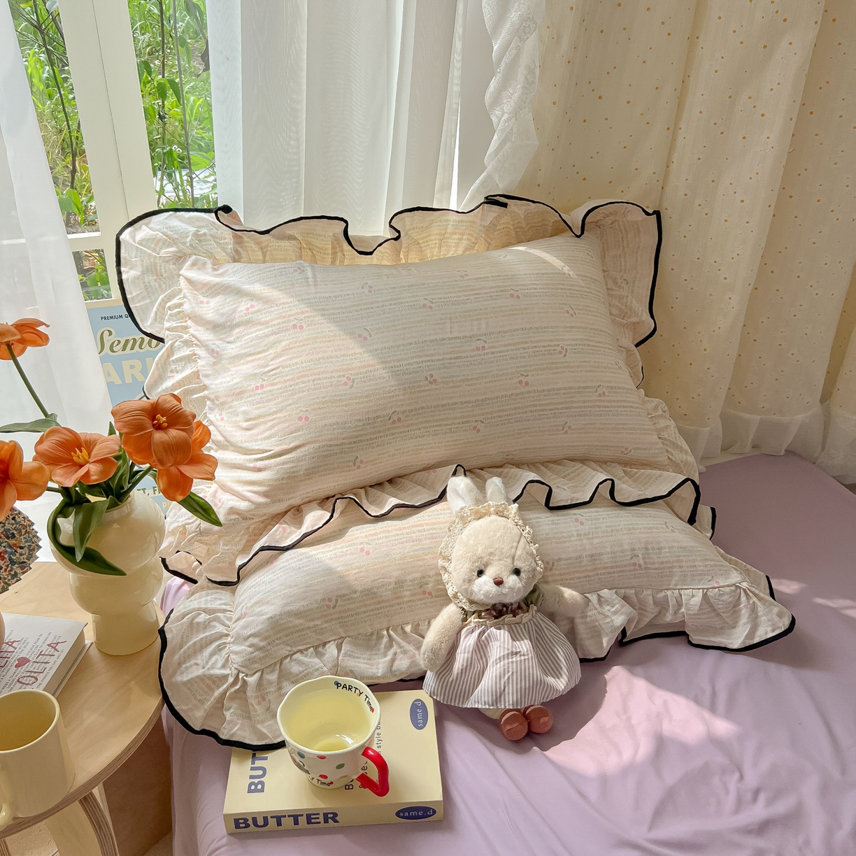 91家纺网 家纺一手货源 找家纺 韩巢家纺 2025新款水洗棉大花边被套四件套直播热销款学生宿舍被罩床单三件套（提供卖家秀） 甜樱恋曲【大花边款】