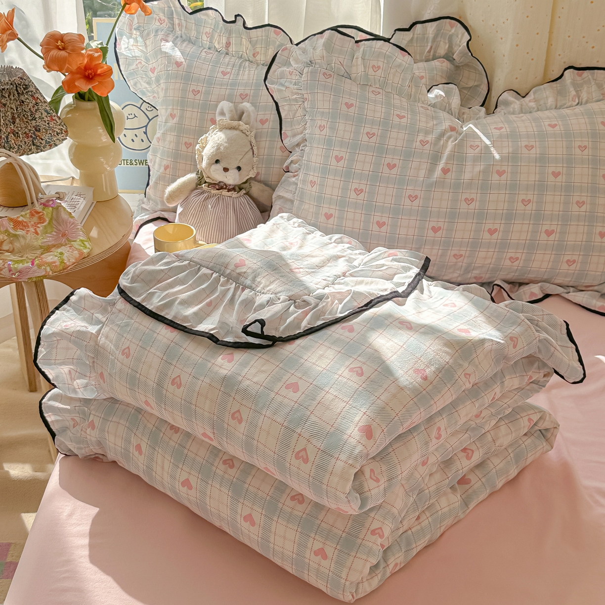 韩巢家纺 2025新款水洗棉大花边被套四件套直播热销款学生宿舍被罩床单三件套（提供卖家秀） 温暖粉心【大花边款】