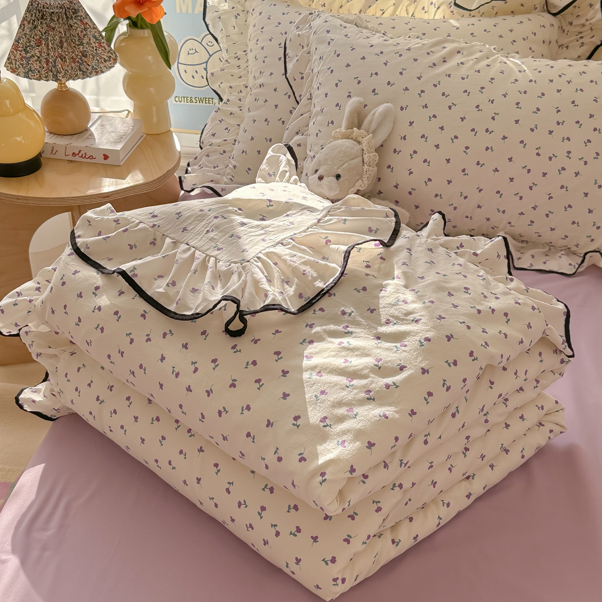 韩巢家纺 2025新款水洗棉大花边被套四件套直播热销款学生宿舍被罩床单三件套（提供卖家秀） 小花野-紫【大花边款】