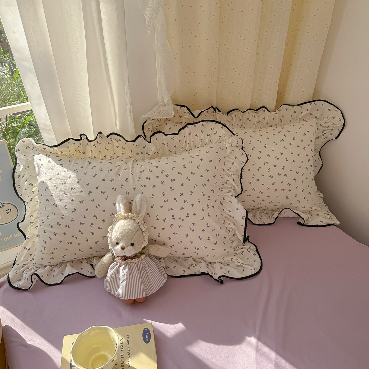 91家纺网 家纺一手货源 找家纺 韩巢家纺 2025新款水洗棉大花边被套四件套直播热销款学生宿舍被罩床单三件套（提供卖家秀） 小花野-紫【大花边款】