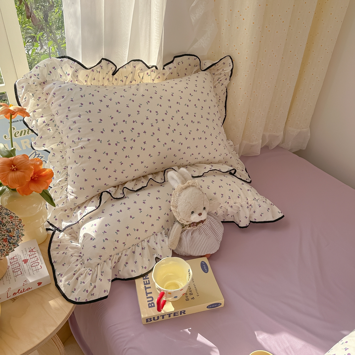 91家纺网 家纺一手货源 找家纺 韩巢家纺 2025新款水洗棉大花边被套四件套直播热销款学生宿舍被罩床单三件套（提供卖家秀） 小花野-紫【大花边款】