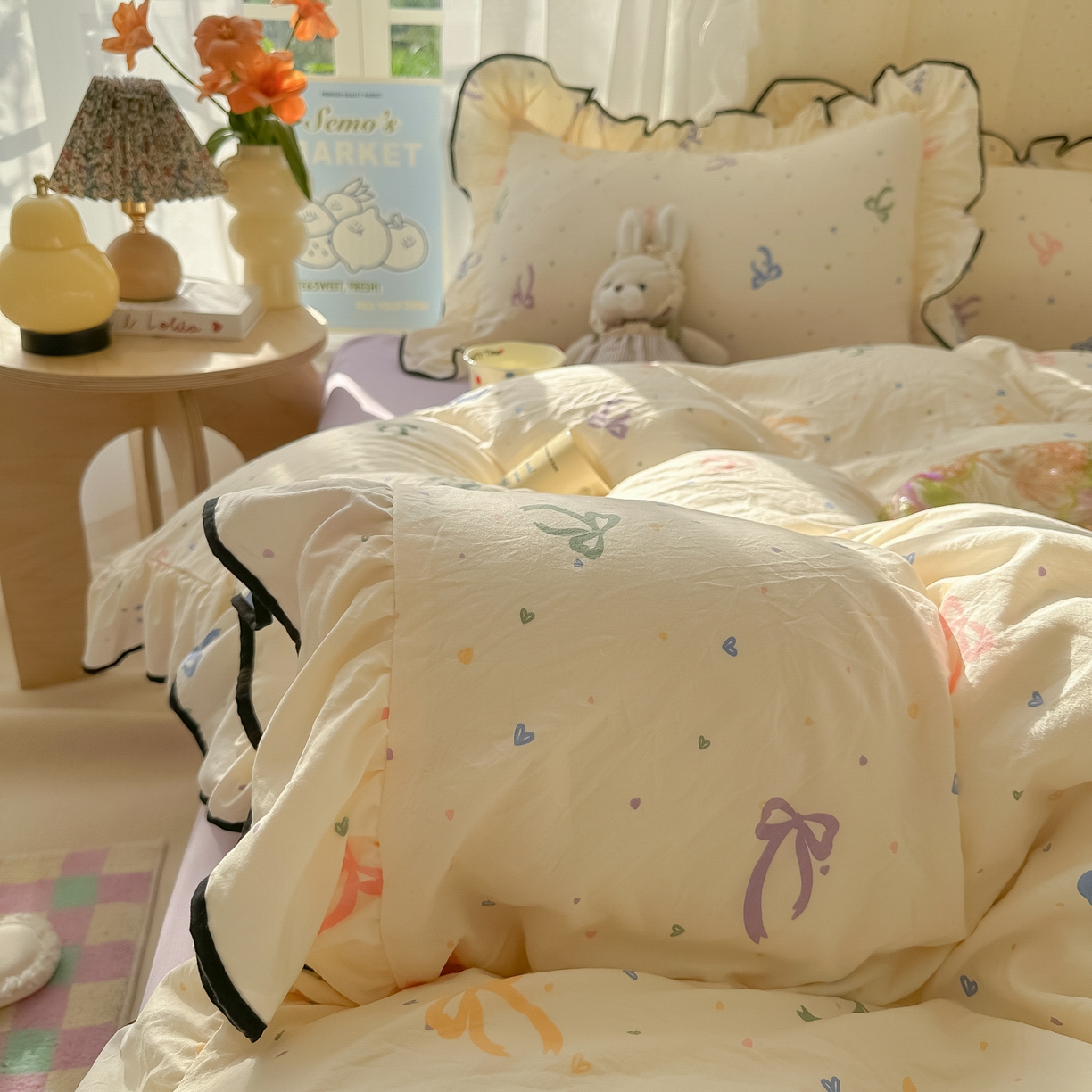 91家纺网 家纺一手货源 找家纺 韩巢家纺 2025新款水洗棉大花边被套四件套直播热销款学生宿舍被罩床单三件套（提供卖家秀） 星梦蝶结【大花边款】