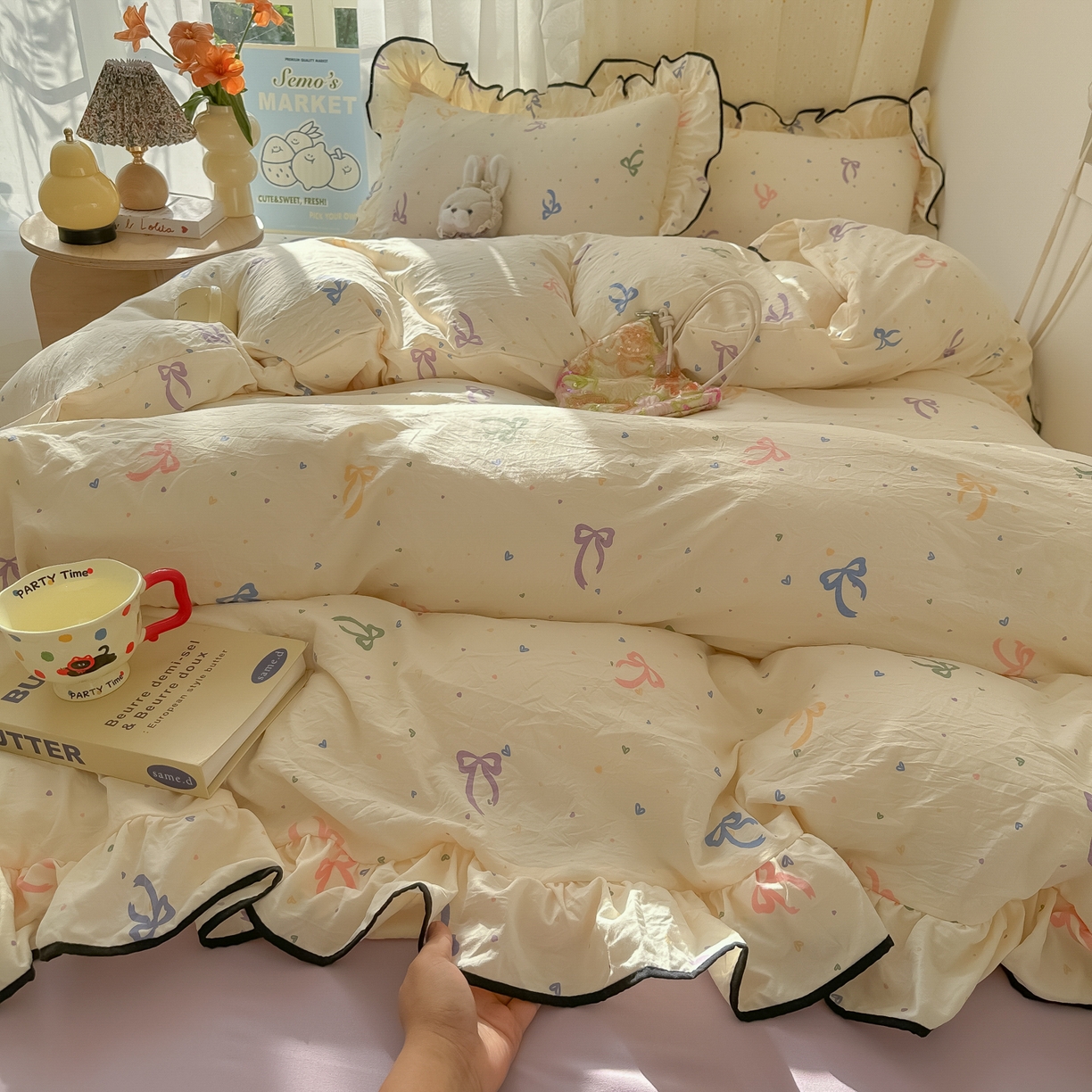 91家纺网 家纺一手货源 找家纺 韩巢家纺 2025新款水洗棉大花边被套四件套直播热销款学生宿舍被罩床单三件套（提供卖家秀） 星梦蝶结【大花边款】